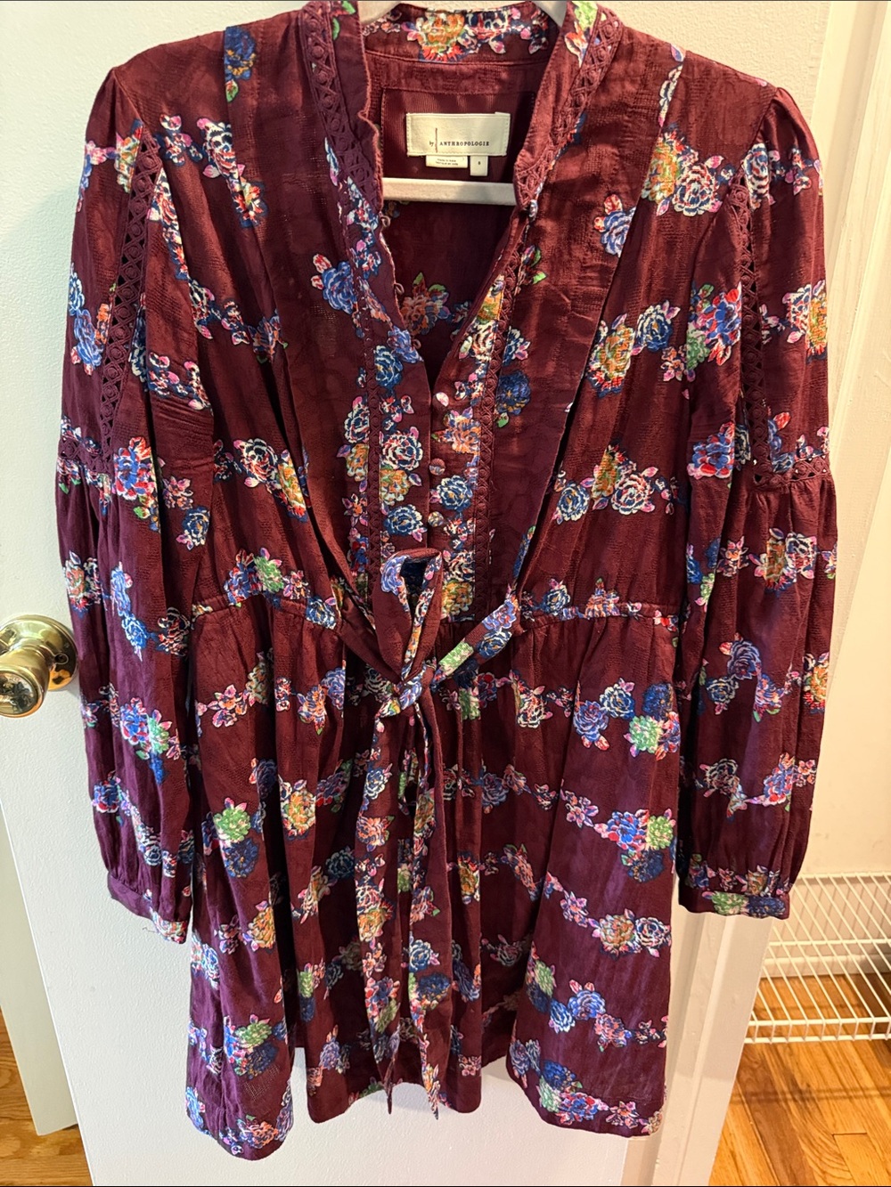 Anthropologie Wine Floral Tie-Front Long-Sleeve Dress